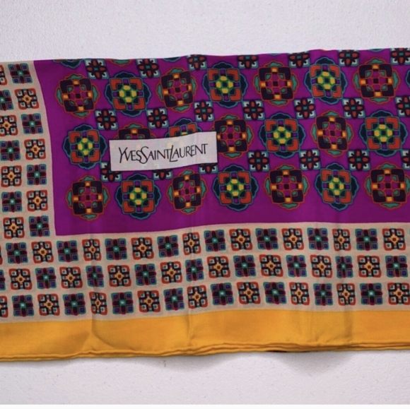 YSL Yves Saint Laurent Scarf Womens Colorful Geometric Print - Picture 2 of 3